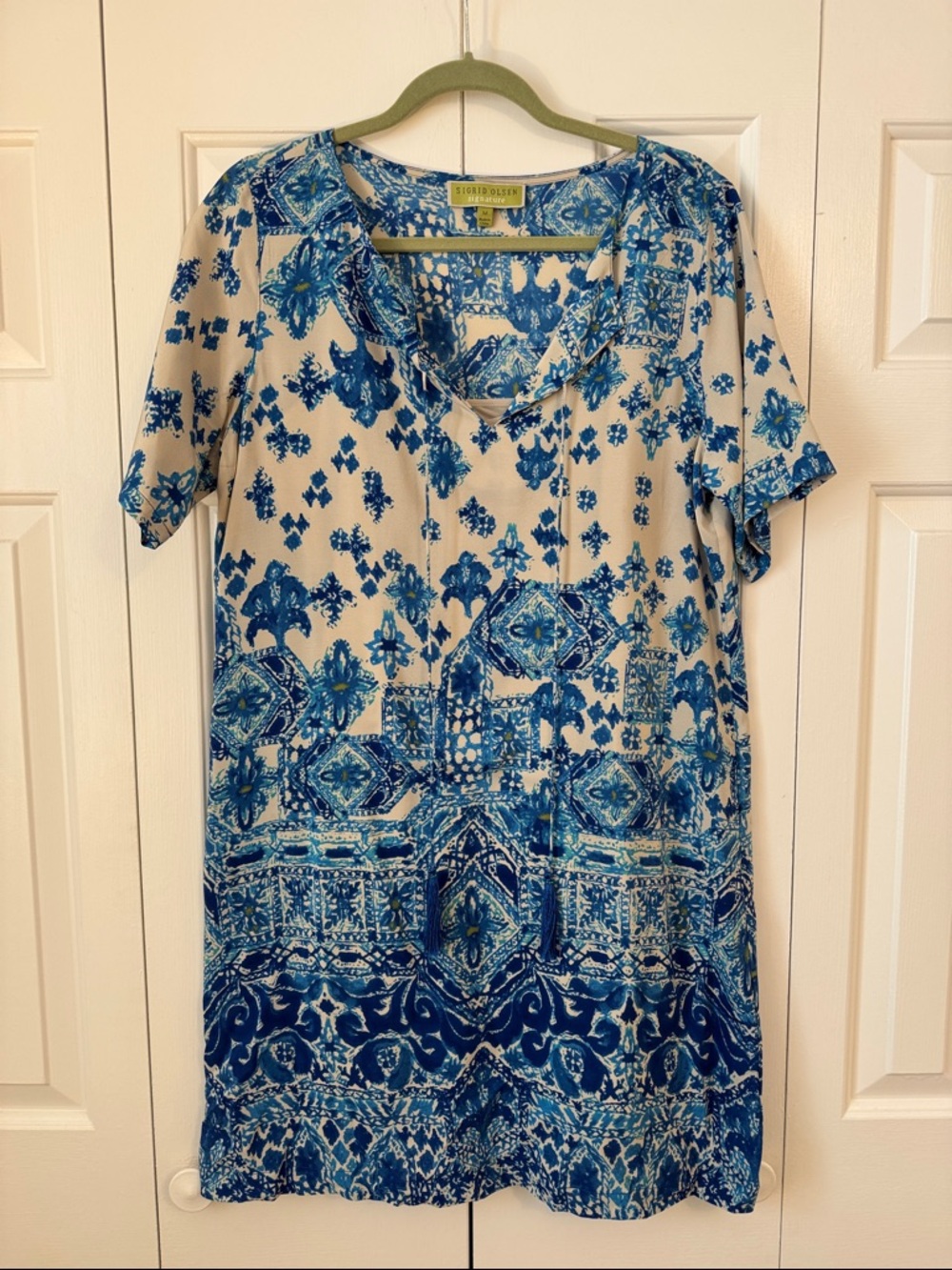 Sigrid Olsen Blue and Cream Printed V-Neck Tunic